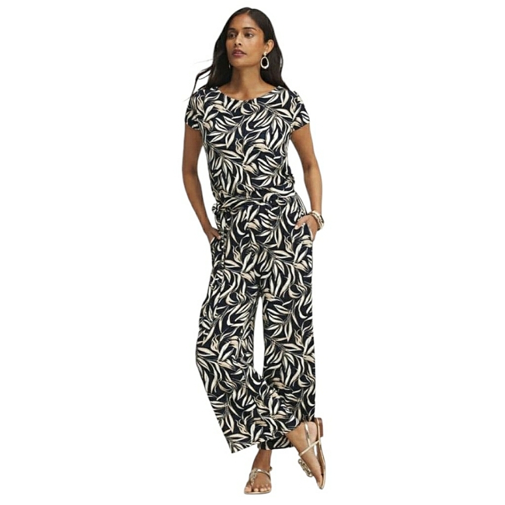 NWT Chico's Travelers Leaf Jumpsuit Short Sleeve Tie Waist Navy Cream Tropical - Picture 16 of 17